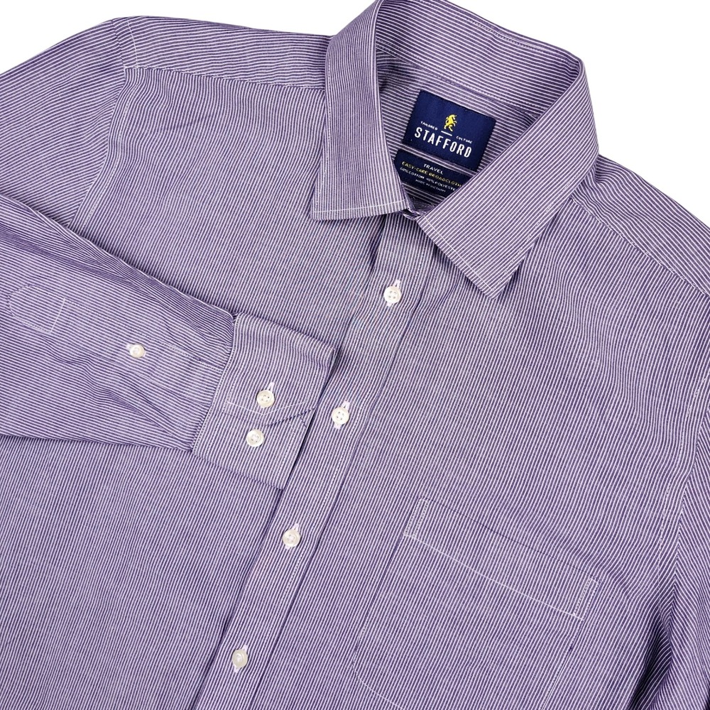 Stafford‎ Dress Shirt Mens 15.5 32-33 Purple Pinstripe Travel Fitted Broadcloth